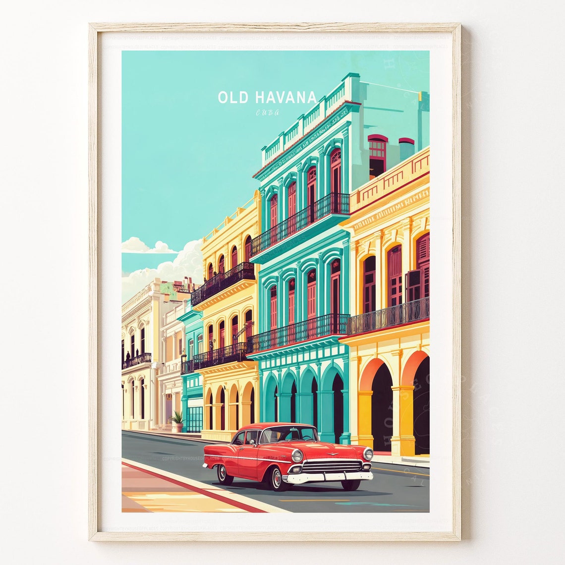 Old Havana Cuba Red Classic Car Colorful Street Travel Art Poster