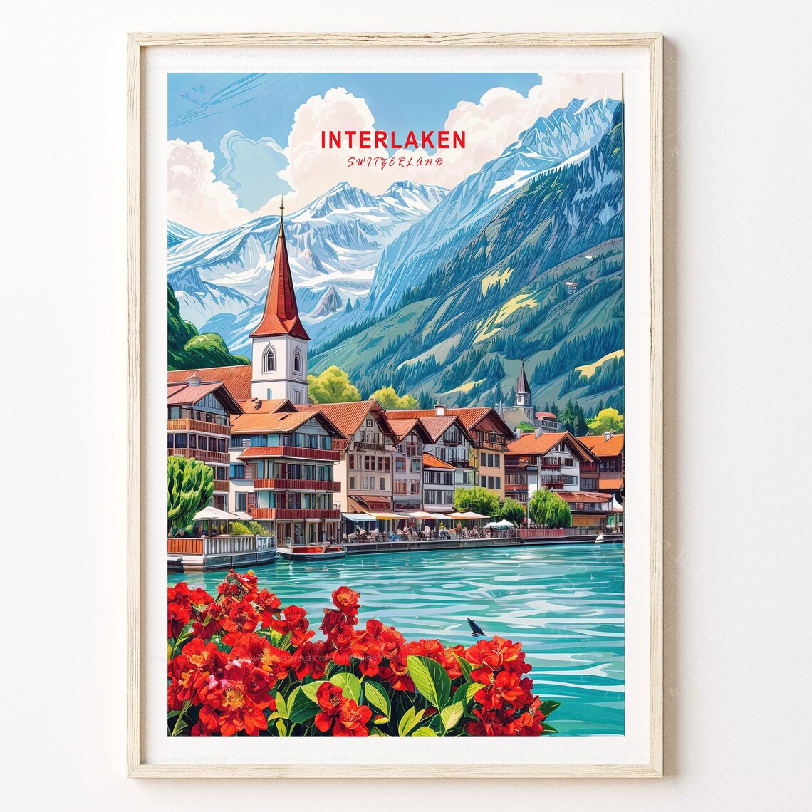 Interlaken Switzerland Lakeside Town Alpine Summer Travel Poster