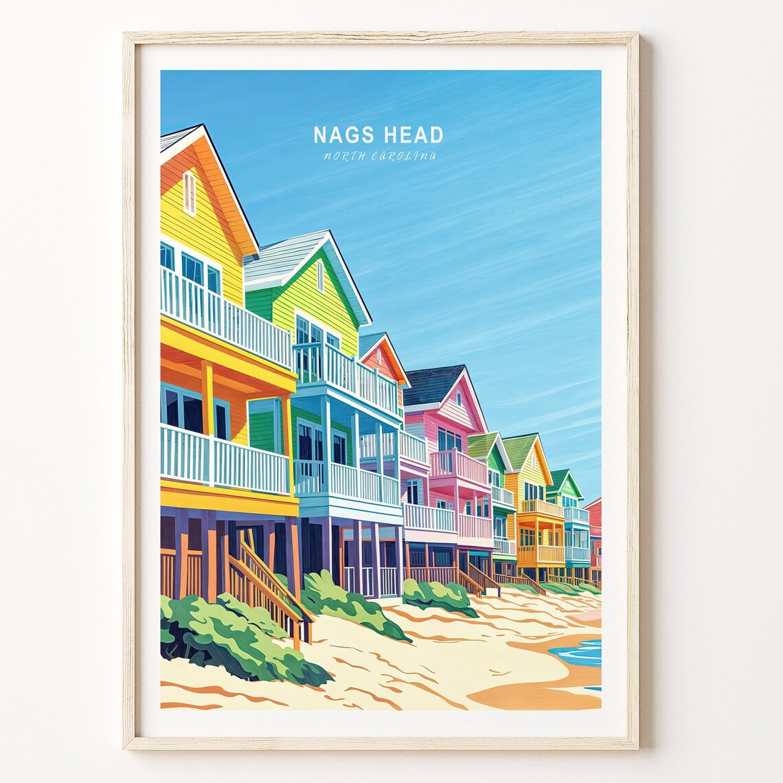 Nags Head North Carolina Travel Poster Colorful Beach Houses Art