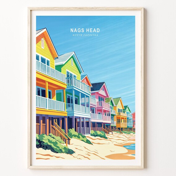 Nags Head North Carolina Travel Poster Colorful Beach Houses Art