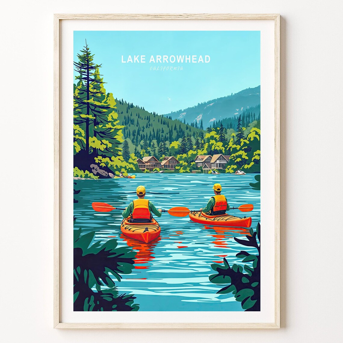Lake Arrowhead California Kayakers Pine Forest Retro Travel Poster