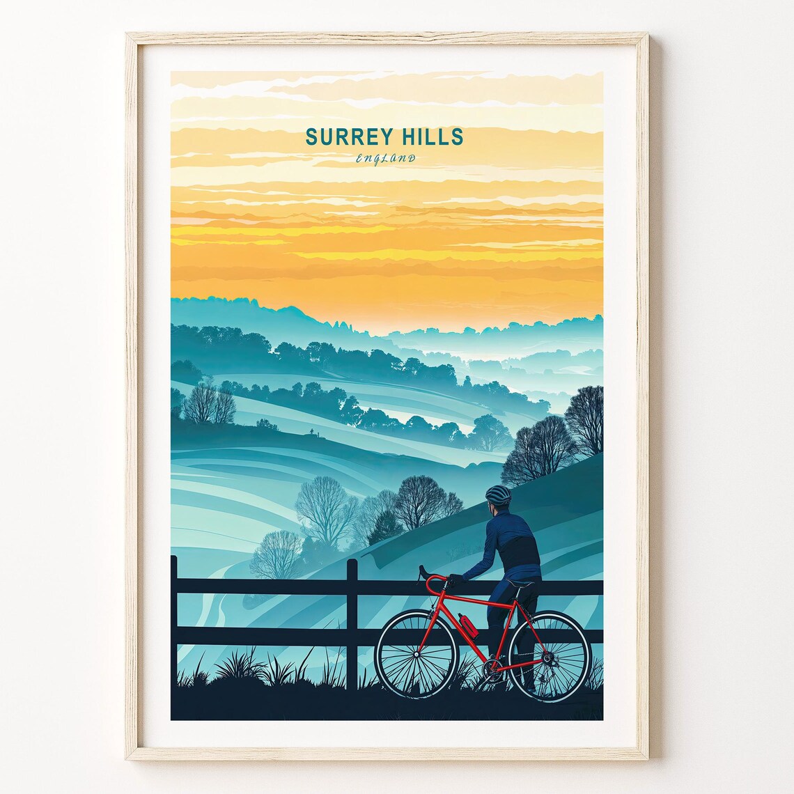 Surrey Hills England Cyclist Sunset Rolling Countryside Travel Poster
