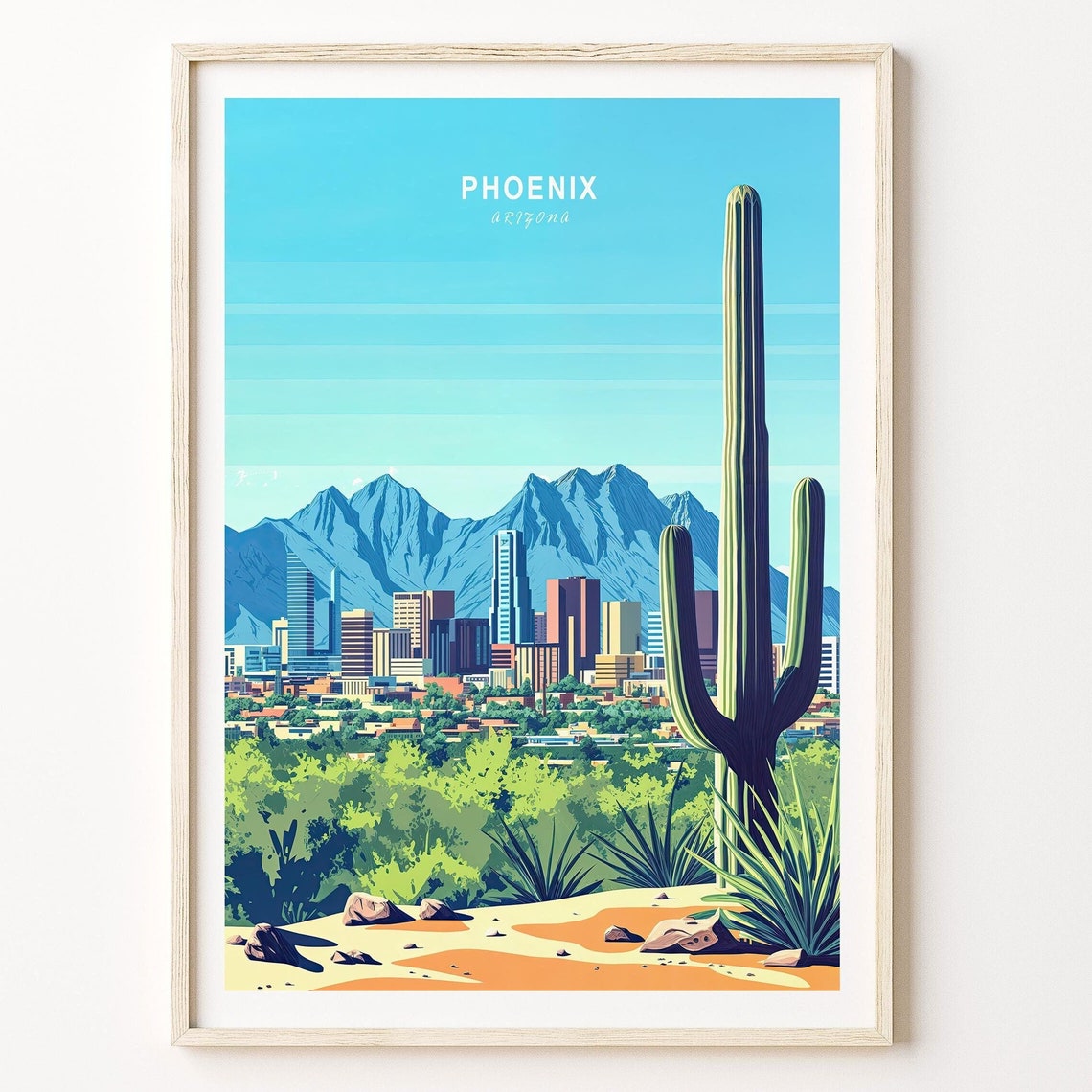 Phoenix Arizona Saguaro Cactus City Skyline Mountain View Poster