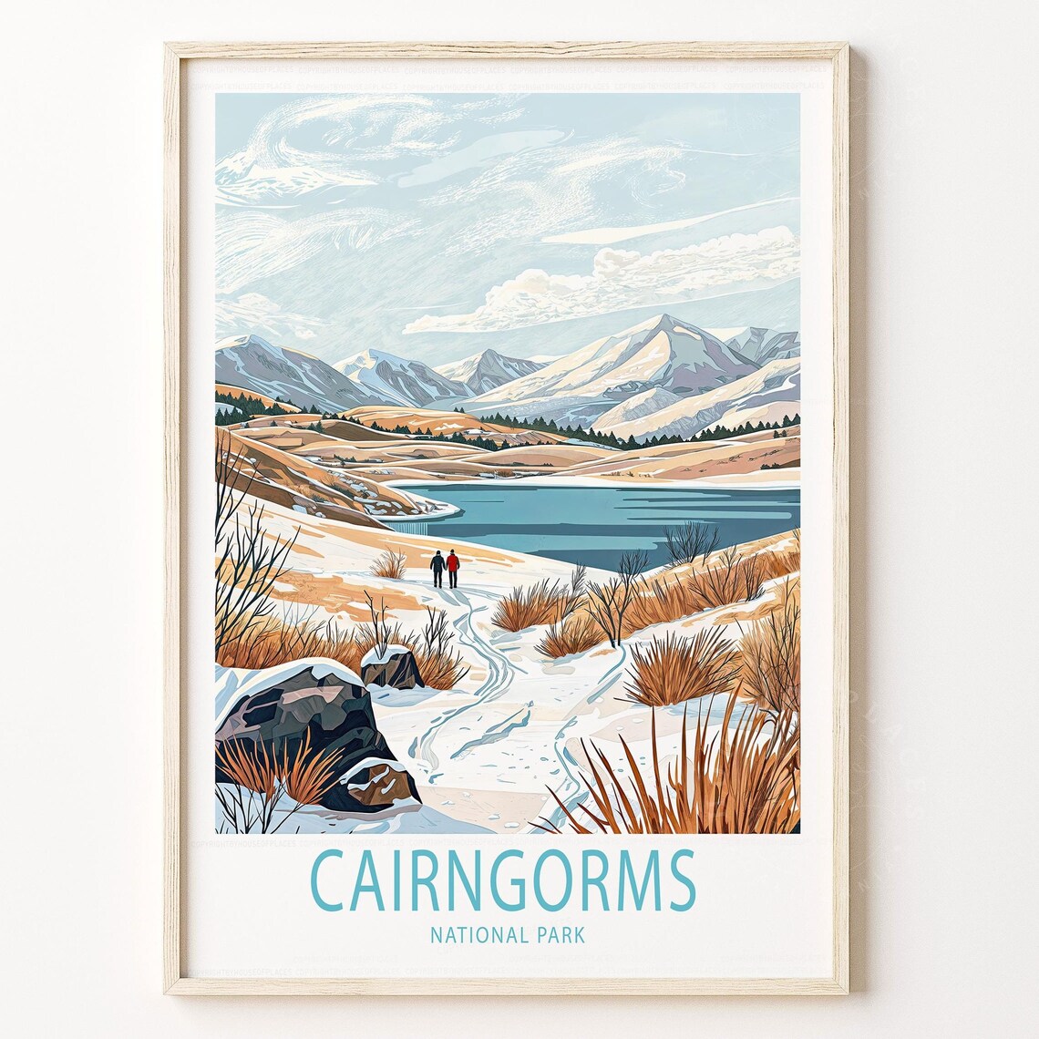 Cairngorms National Park Scotland Winter Hikers Scene Travel Poster