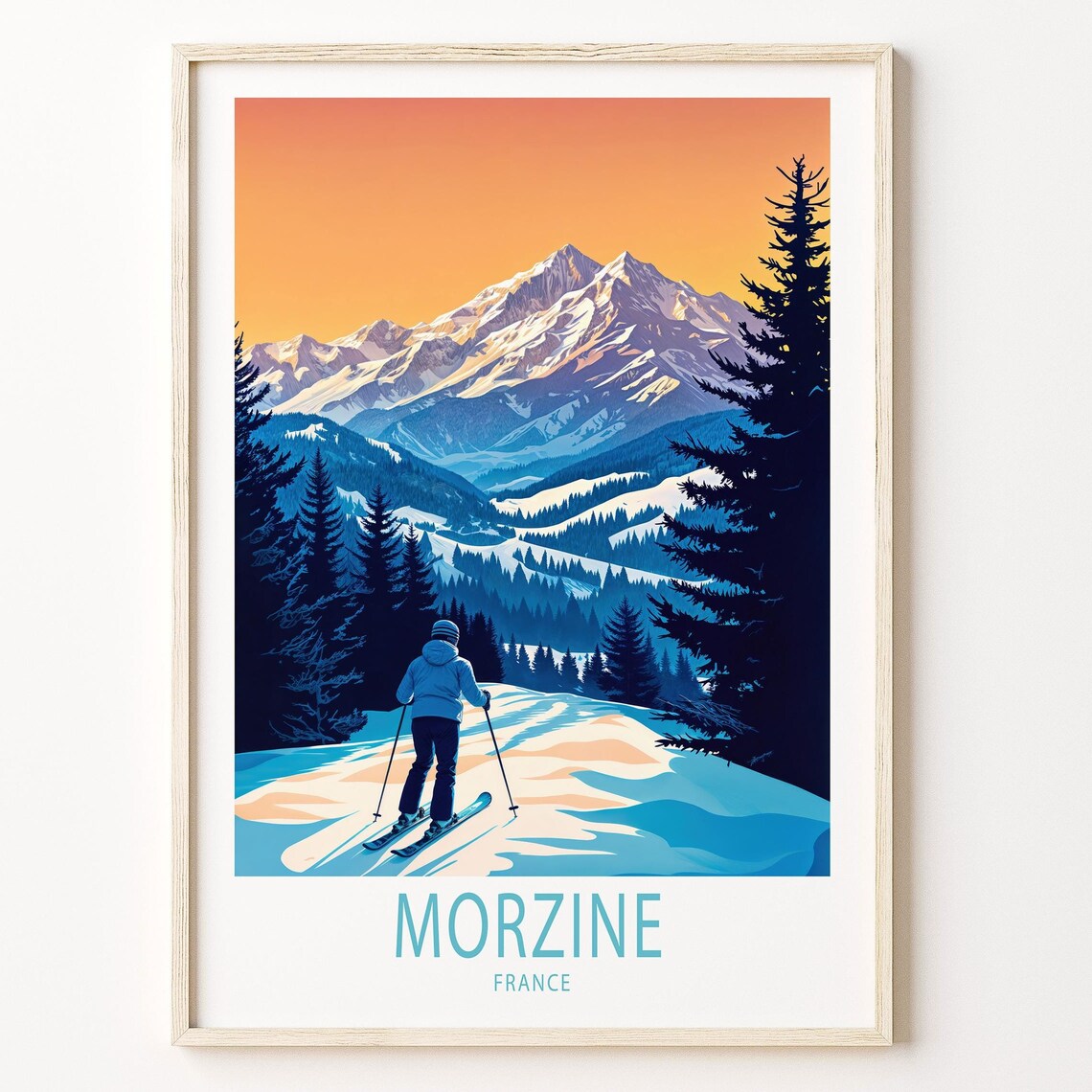 Morzine France Skier Sunset Snowy Mountain Vintage Ski Poster