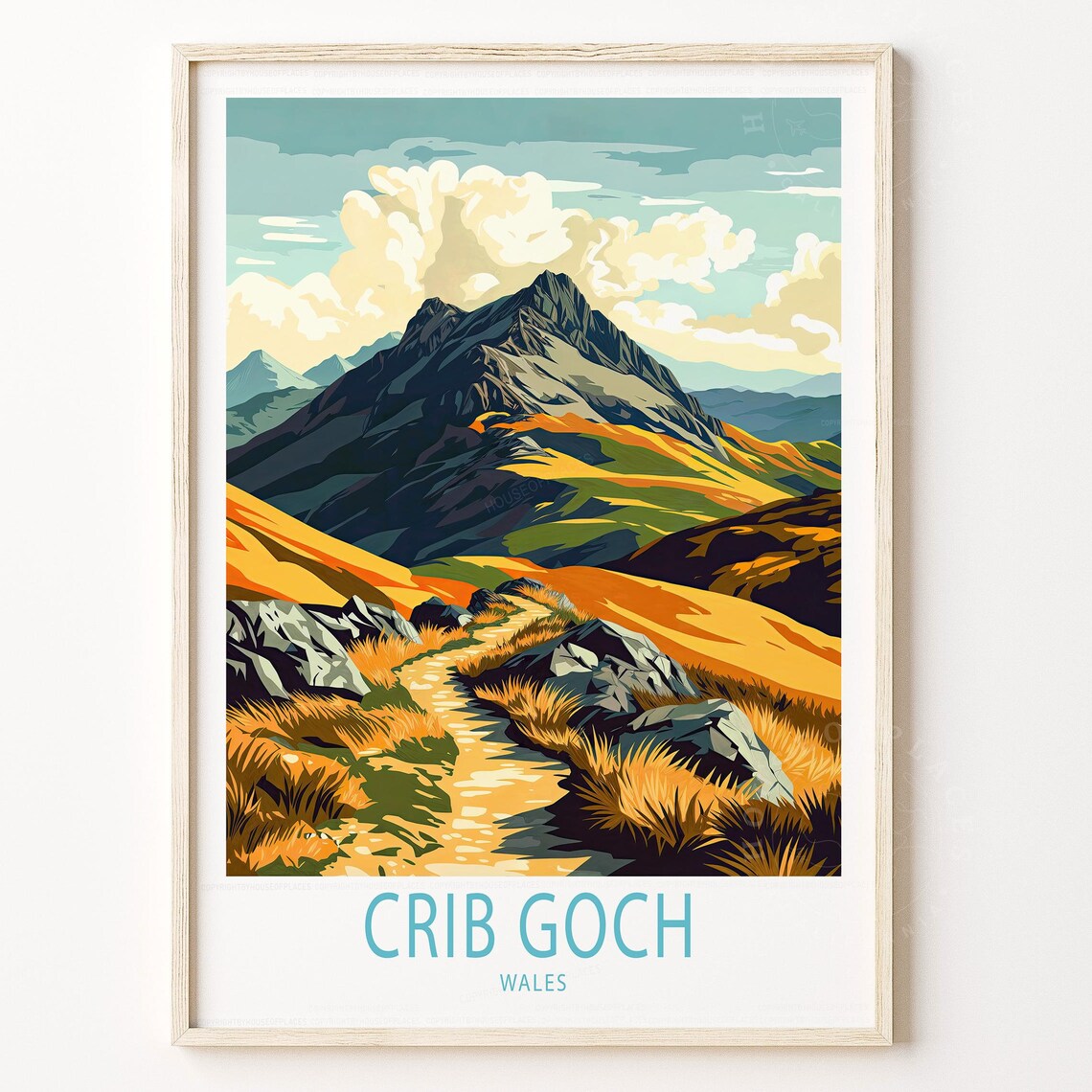 Crib Goch Wales Golden Trail Mountain Path Retro Hiking Travel Poster