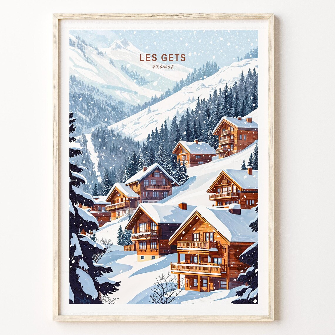 Les Gets France Alpine Chalets Falling Snow Cozy Winter Scene Poster