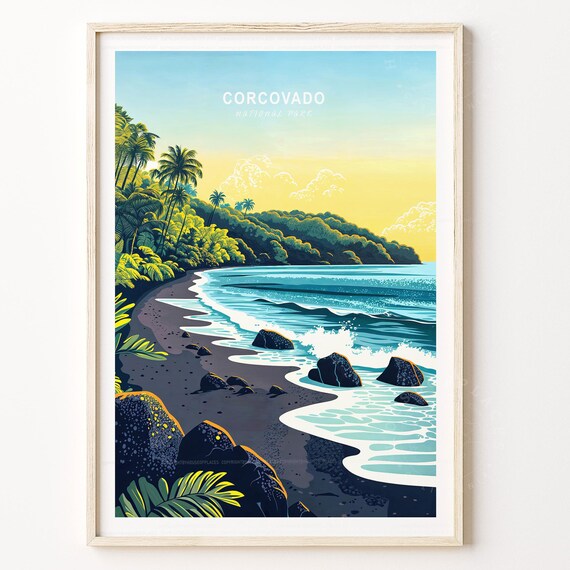 Corcovado National Park Retro Travel Poster Black Sand Beach Sunset Art