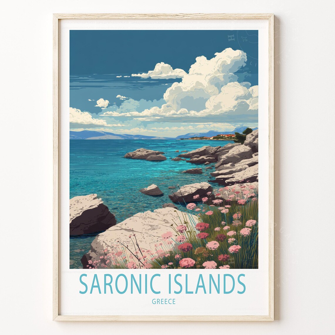 Saronic Islands Greece Rocky Coast Turquoise Sea Retro Travel Poster
