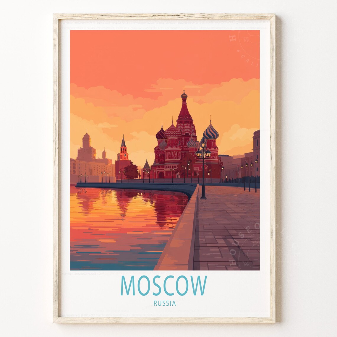 Moscow Russia Travel Poster Pink Sky St Basils Cathedral Decor