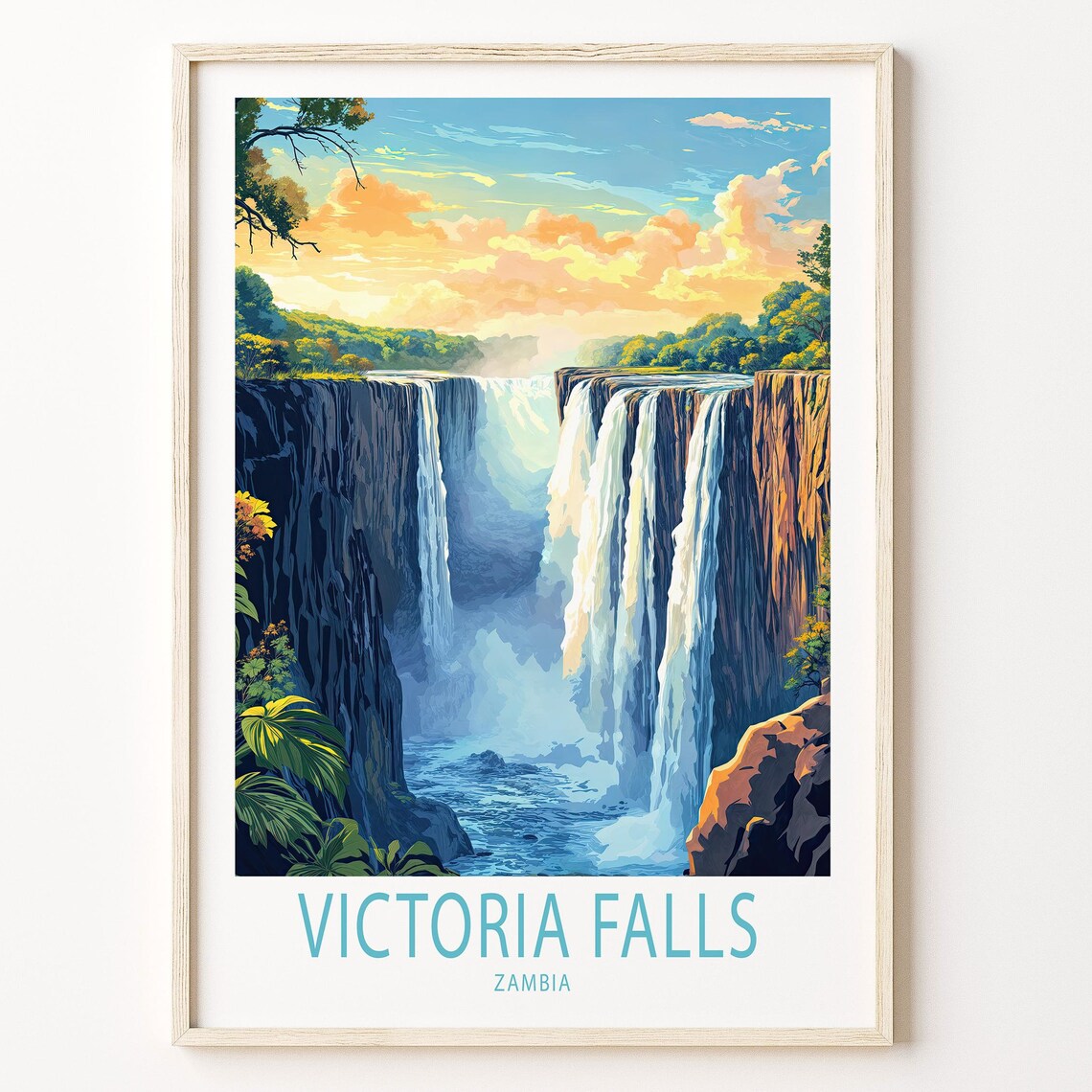 Victoria Falls Zambia Travel Poster Sunset Waterfall Cascade View