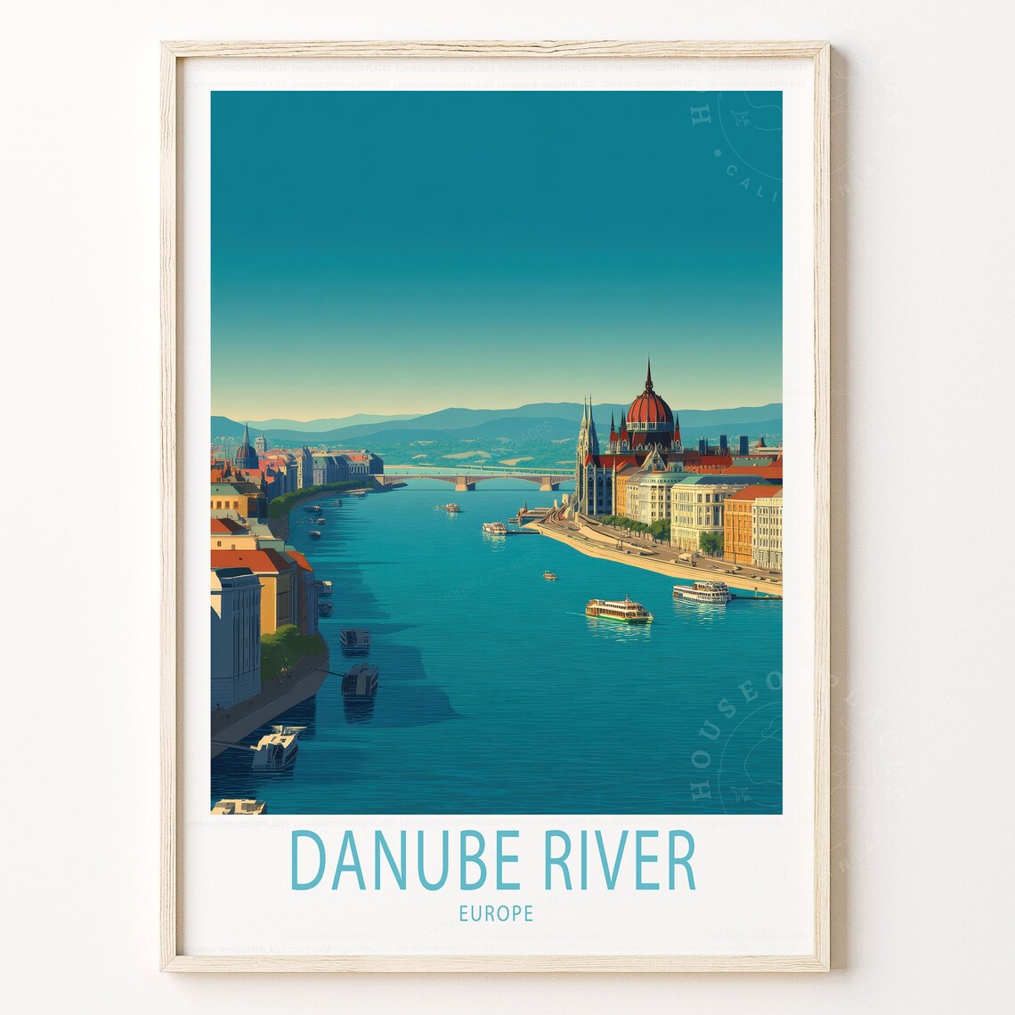 Danube River Europe Budapest Parliament Boats Scenic Travel Poster