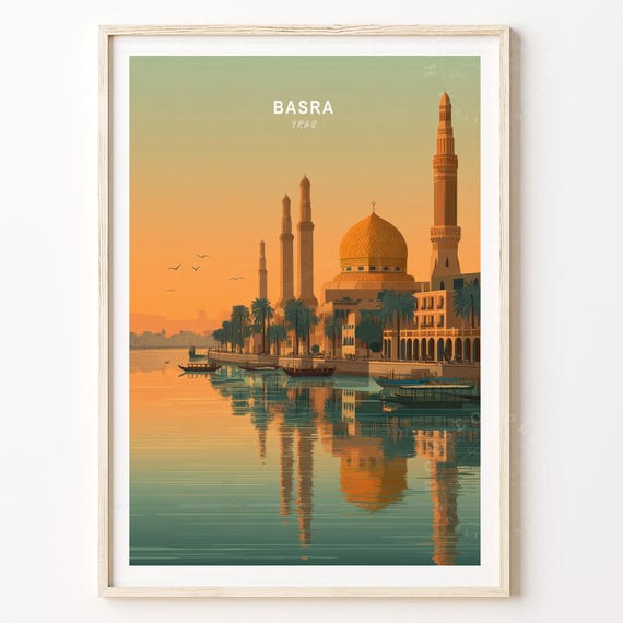 Basra Iraq Travel Poster Golden Mosque Palm Trees River Decor