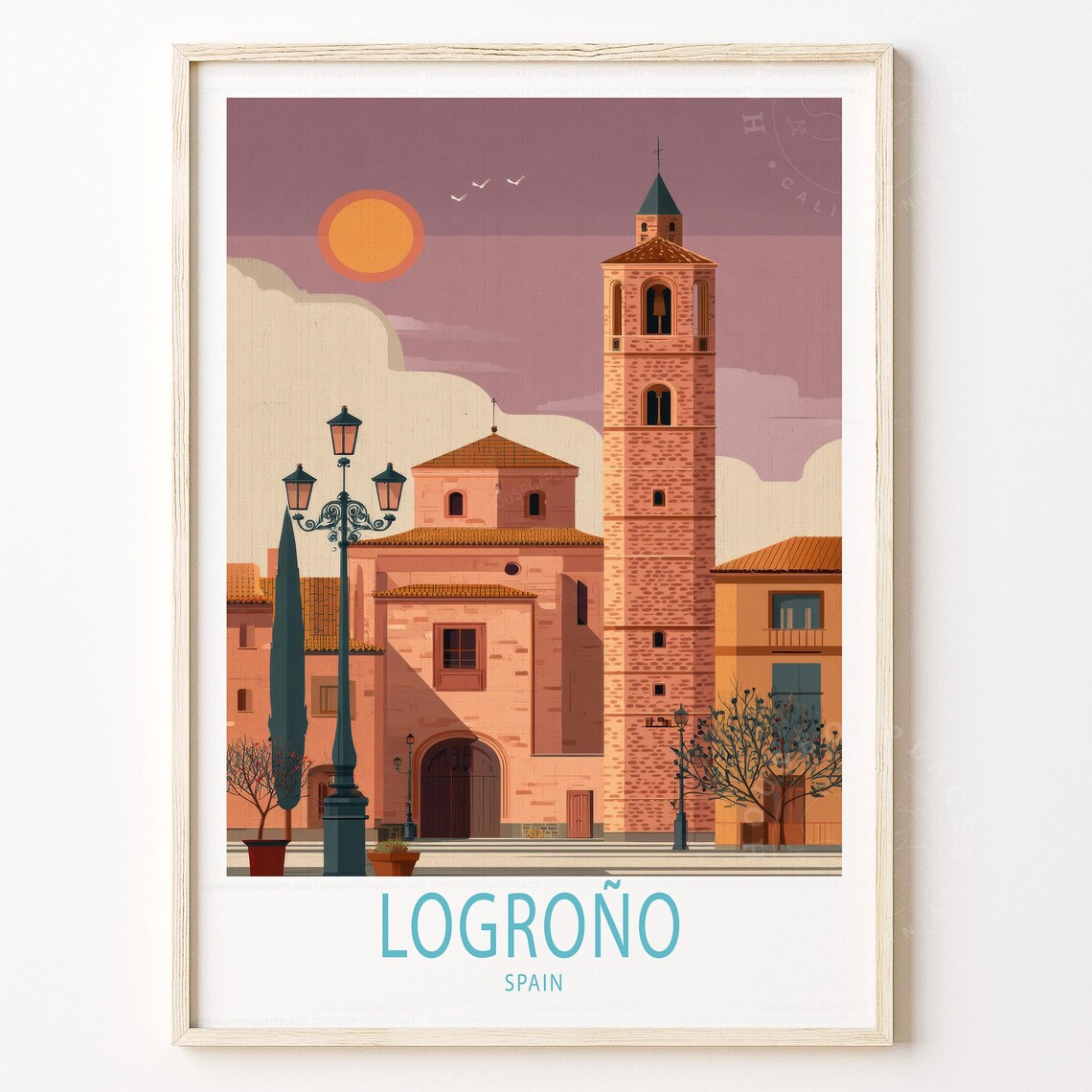 Logrono Spain Historic Plaza Church Bell Tower Evening Poster