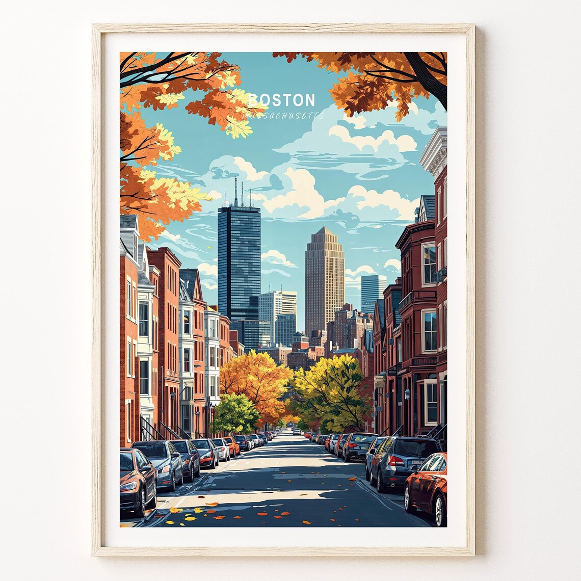 Boston Massachusetts Autumn Brownstone Street Travel Poster City Scene