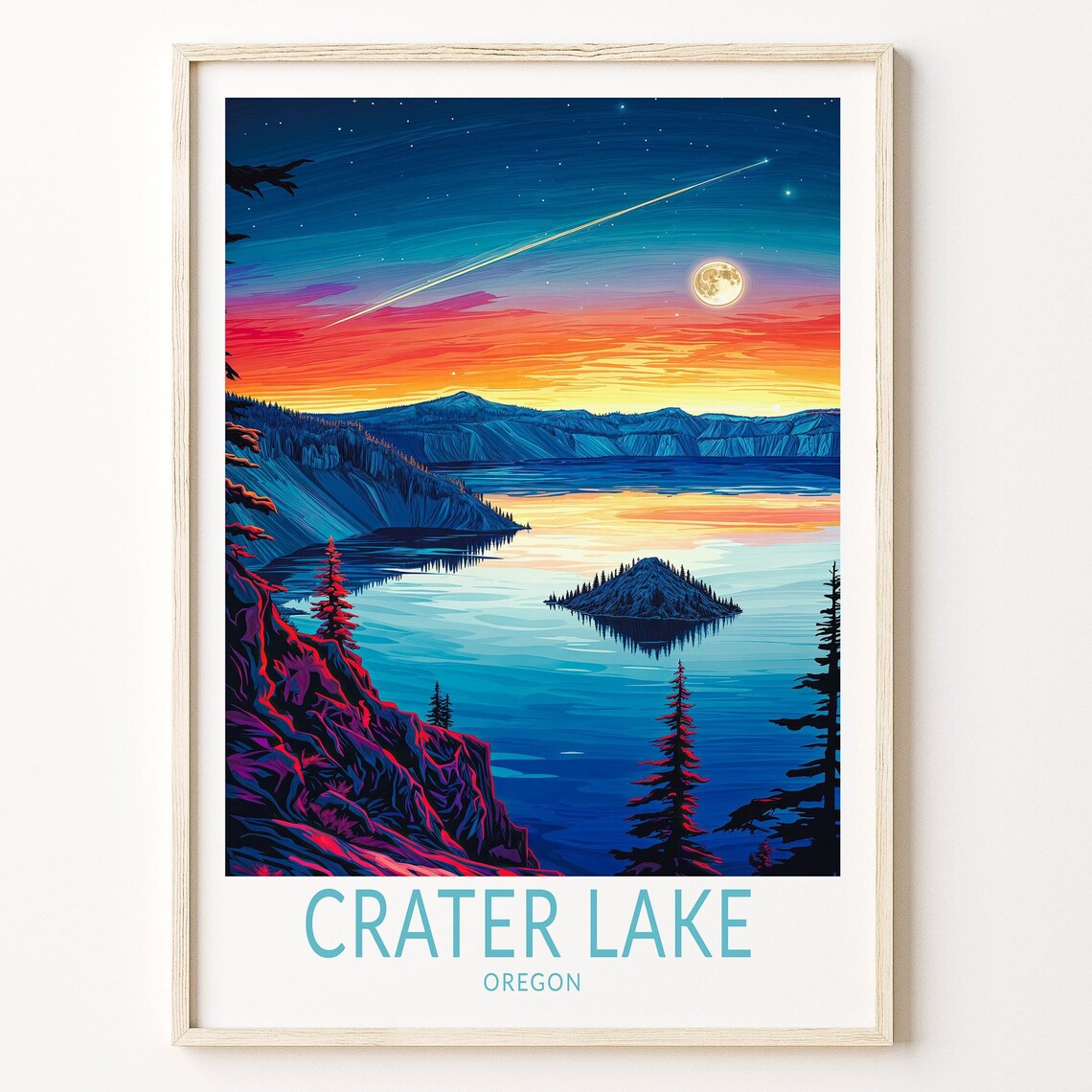 Crater Lake Moonrise Sunset Night Sky Oregon Retro Travel Poster