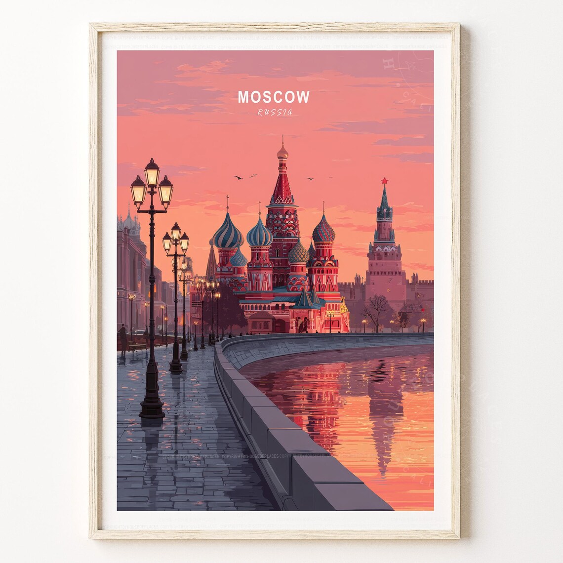 Moscow Russia Travel Poster Pink Sunset St Basils Cathedral View