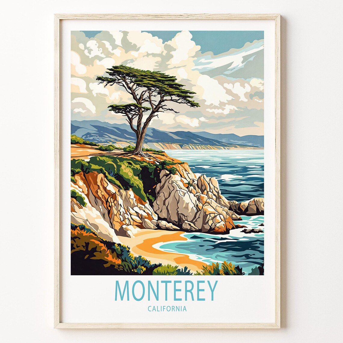Monterey California Cypress Tree Rocky Cliff Coast Travel Poster