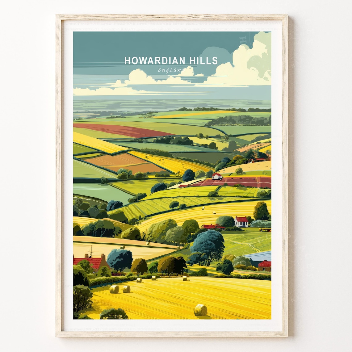 Howardian Hills England Travel Poster Golden Fields Vintage Landscape