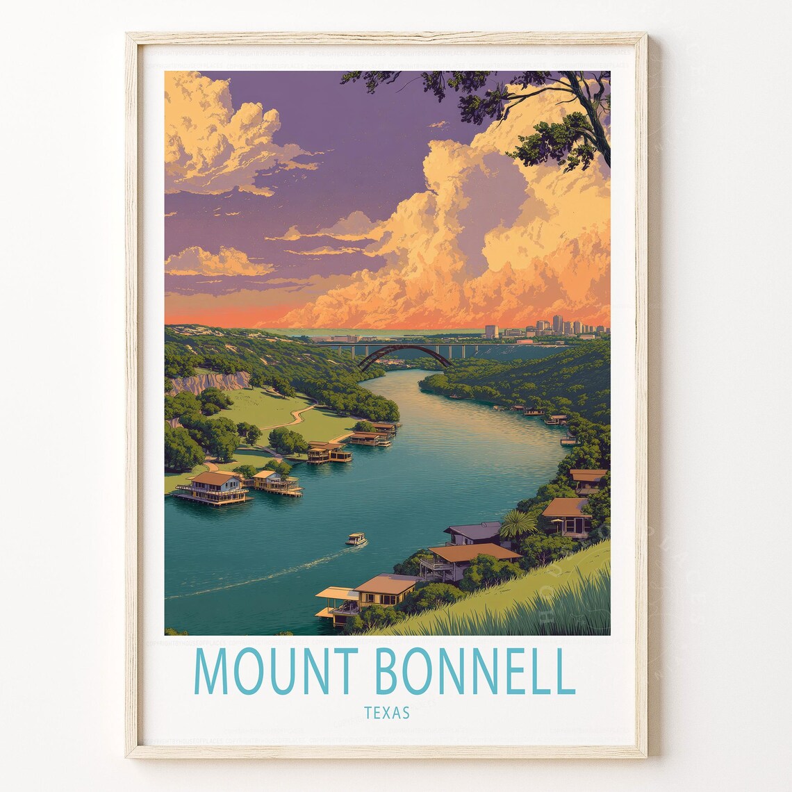 Mount Bonnell Texas River Lake Sunset View Scenic Travel Poster