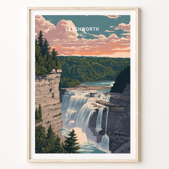 Letchworth England Waterfall Gorge Poster Retro Sunset Canyon Travel