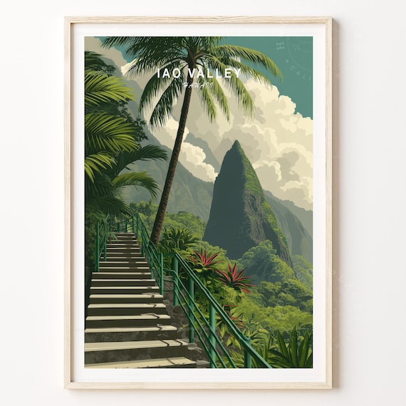 Iao Valley Hawaii Travel Poster Palm Tree Trail To Mountain Peak