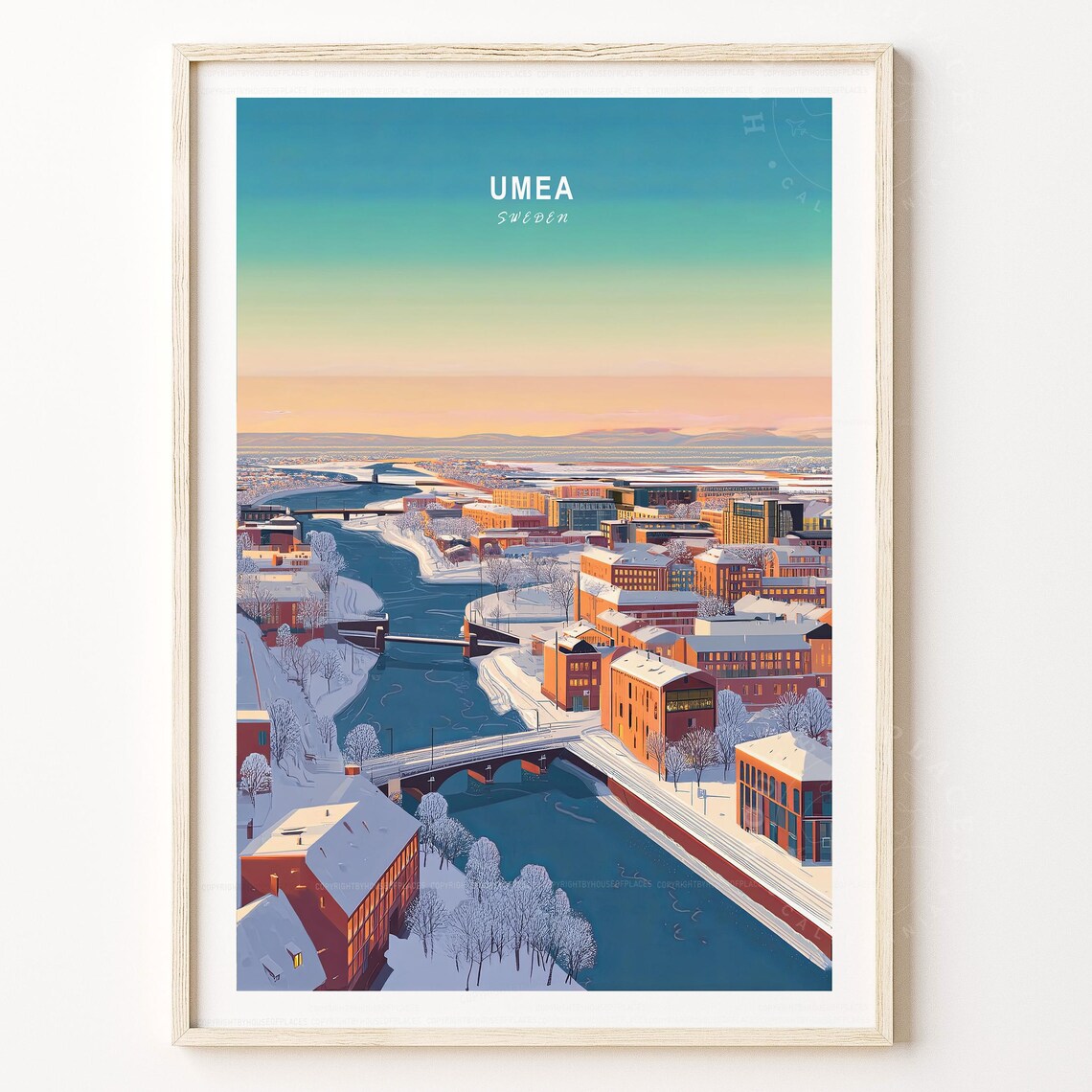 Umea Sweden Winter Snowy City River Scandinavian Retro Travel Poster