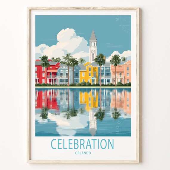 Celebration Orlando Florida Colorful Waterfront Clock Tower Travel Poster