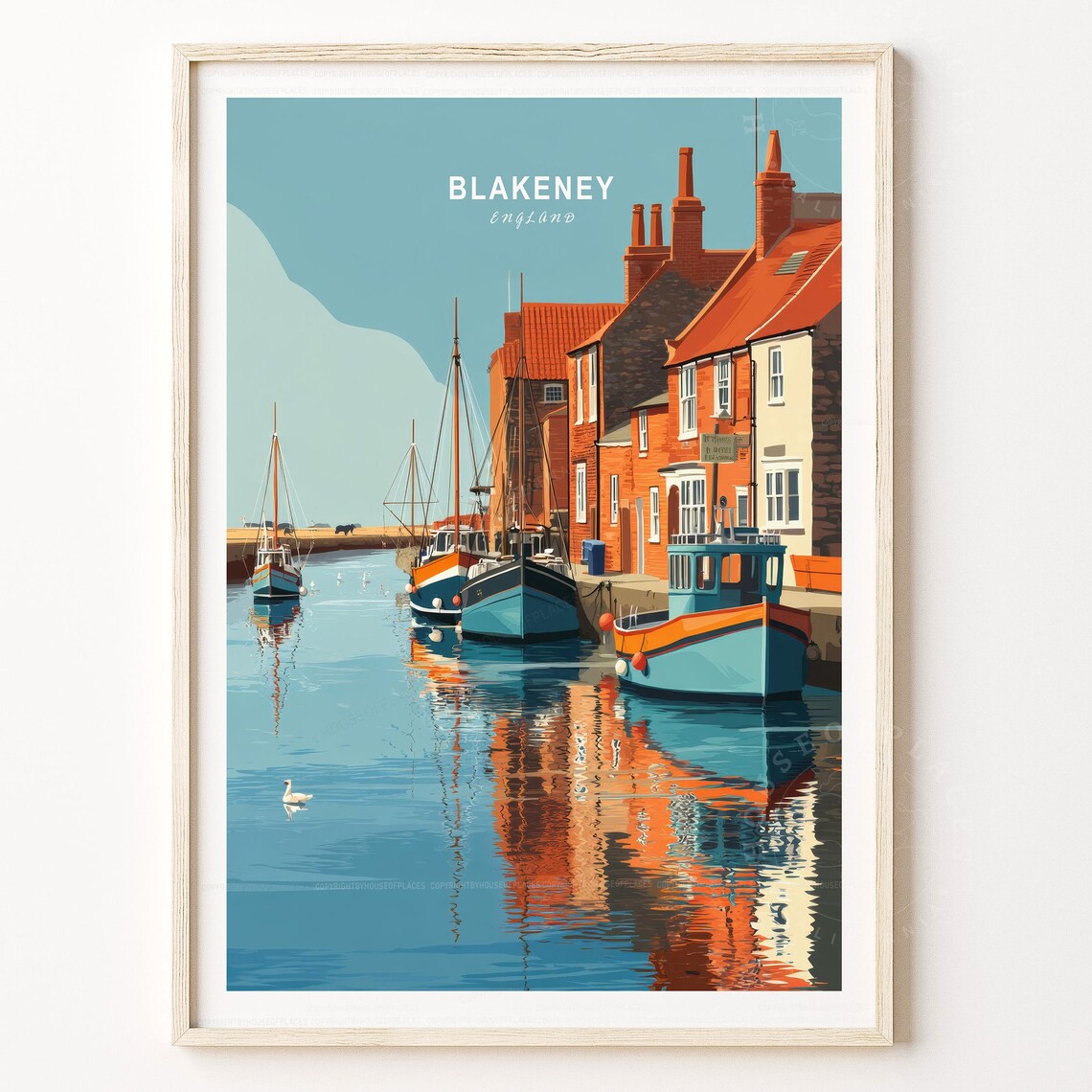 Blakeney England Fishing Boats Teal Harbor Scene Travel Poster