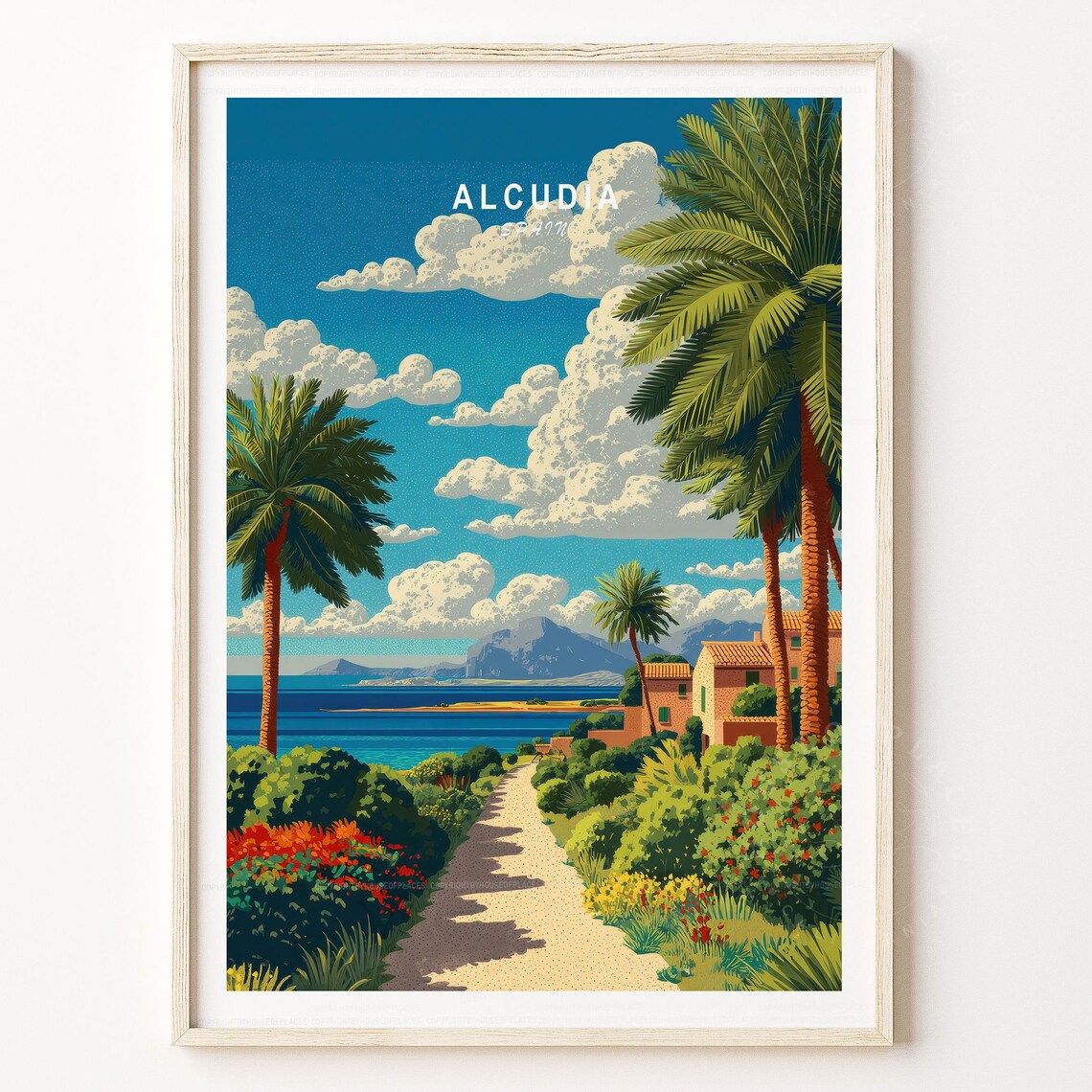 Alcudia Mallorca Spain Vintage Travel Poster Palm Trees Beach Path