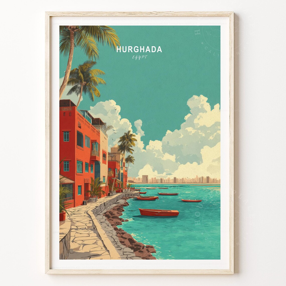 Hurghada Egypt Red Buildings Palm Lined Waterfront Art Poster