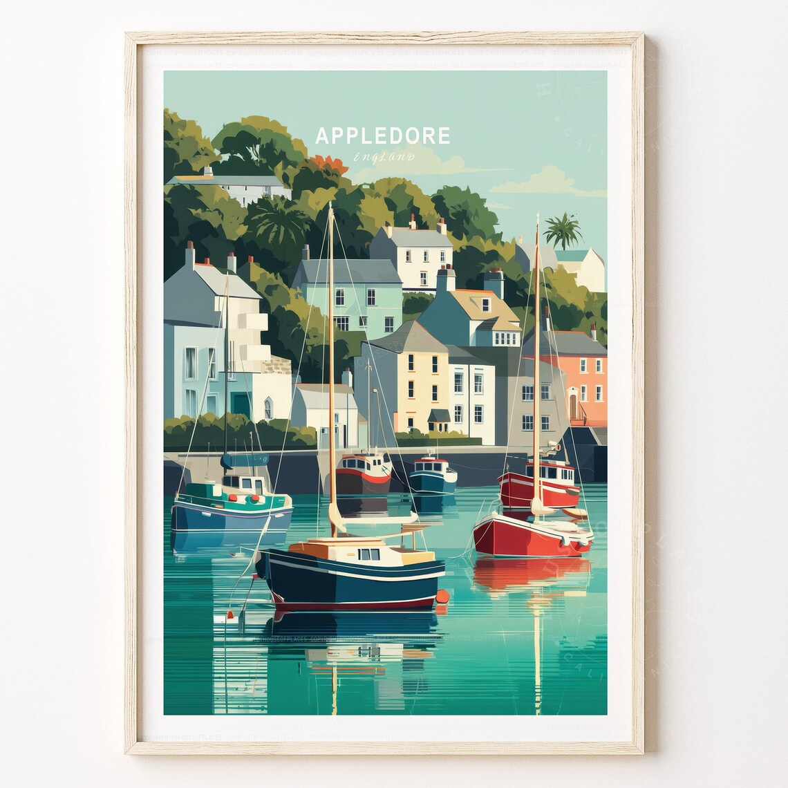 Appledore England Harbor Boats Vintage Illustrated Travel Poster