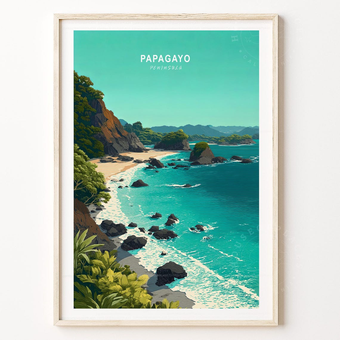 Papagayo Peninsula Turquoise Cove Retro Travel Poster with Palm Cliffs