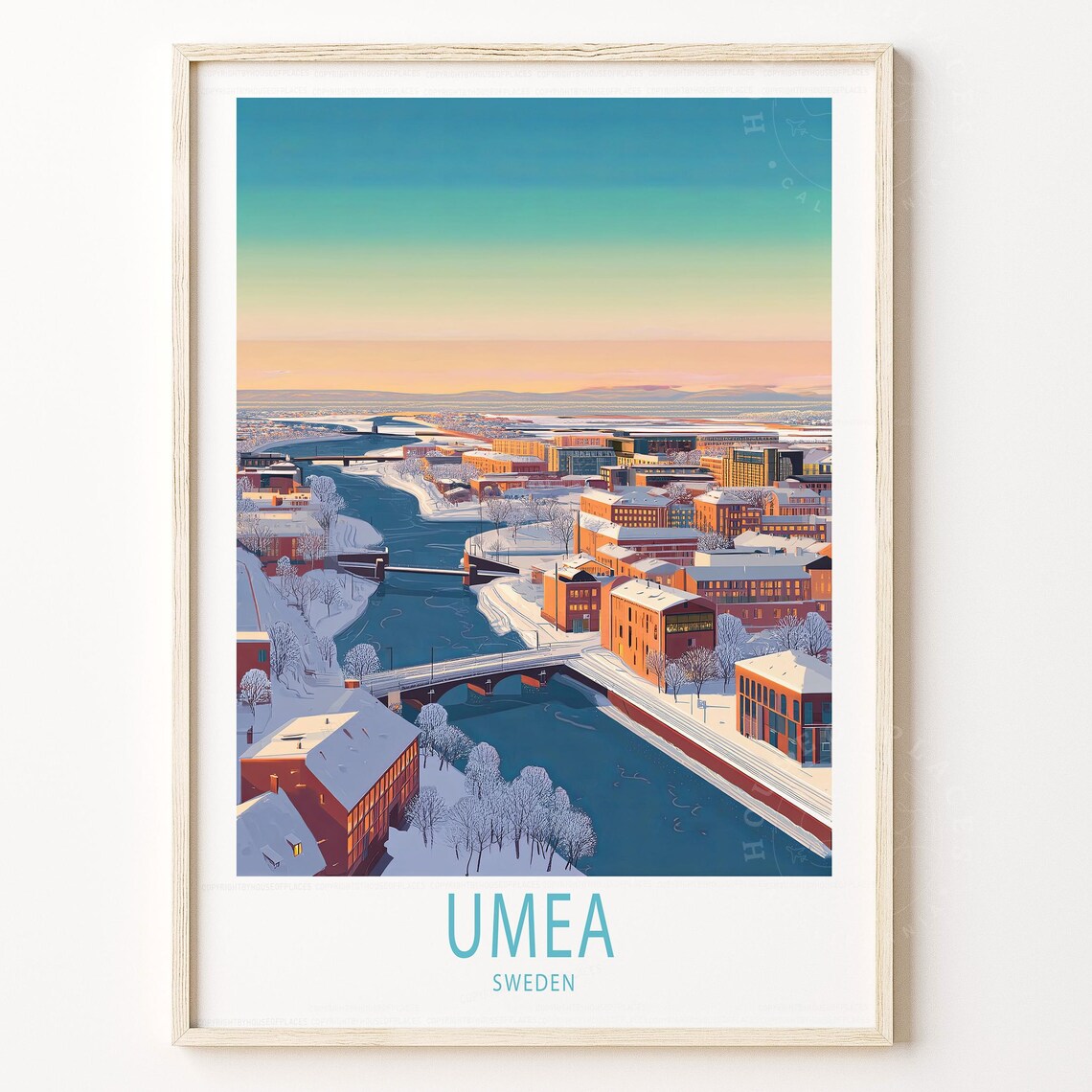 Umea Sweden Snowy Winter River City Scandinavian Retro Travel Poster