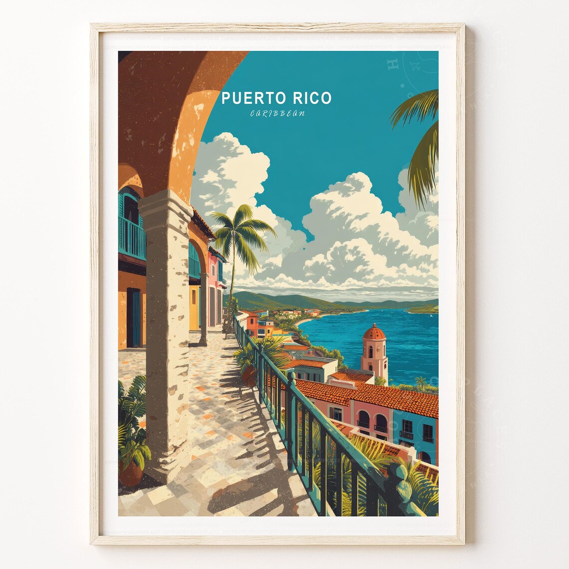 Puerto Rico Caribbean Colonial Bay View Terrace Arch Travel Poster