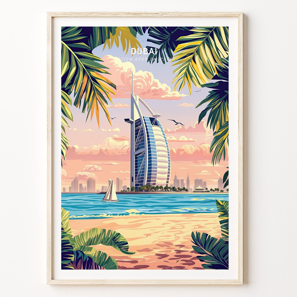 Dubai Burj Al Arab Beach Travel Poster Palm Trees at Pink Sunset
