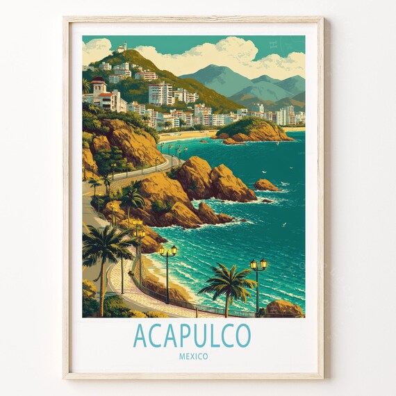 Acapulco Mexico Coastal Cliffs Palm Beach Retro Travel Poster
