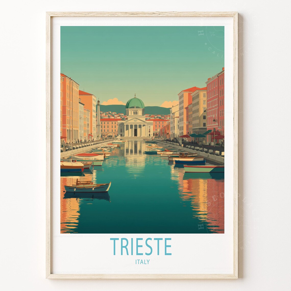 Trieste Italy Grand Canal Church Dome Boats Vintage Travel Poster