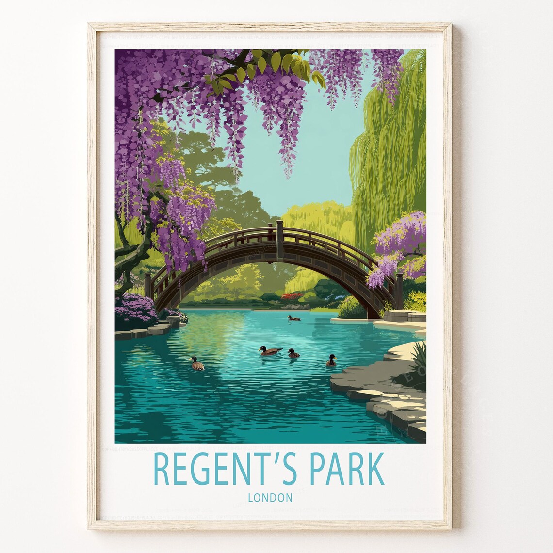 Regents Park London Wisteria Bridge Ducks Vintage Travel Poster