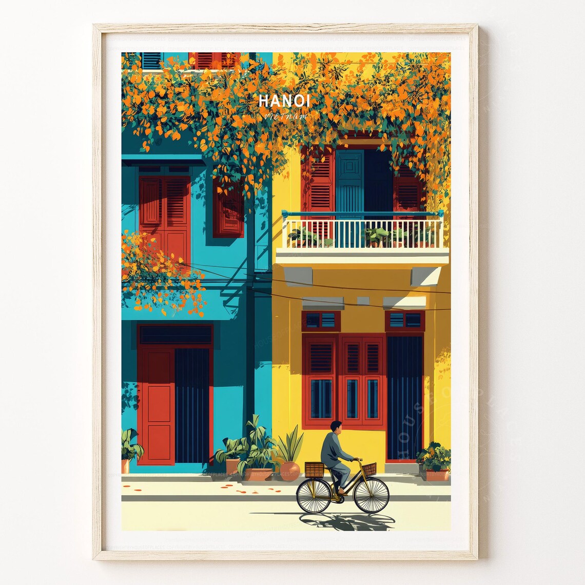 Hanoi Vietnam Minimalist Cyclist Blossom Street Vintage Travel Poster