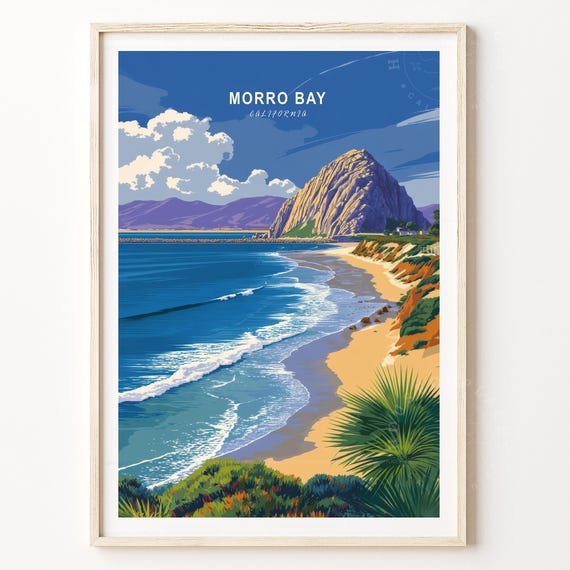 Morro Bay California Morro Rock Beach Retro Coast Scene Travel Poster