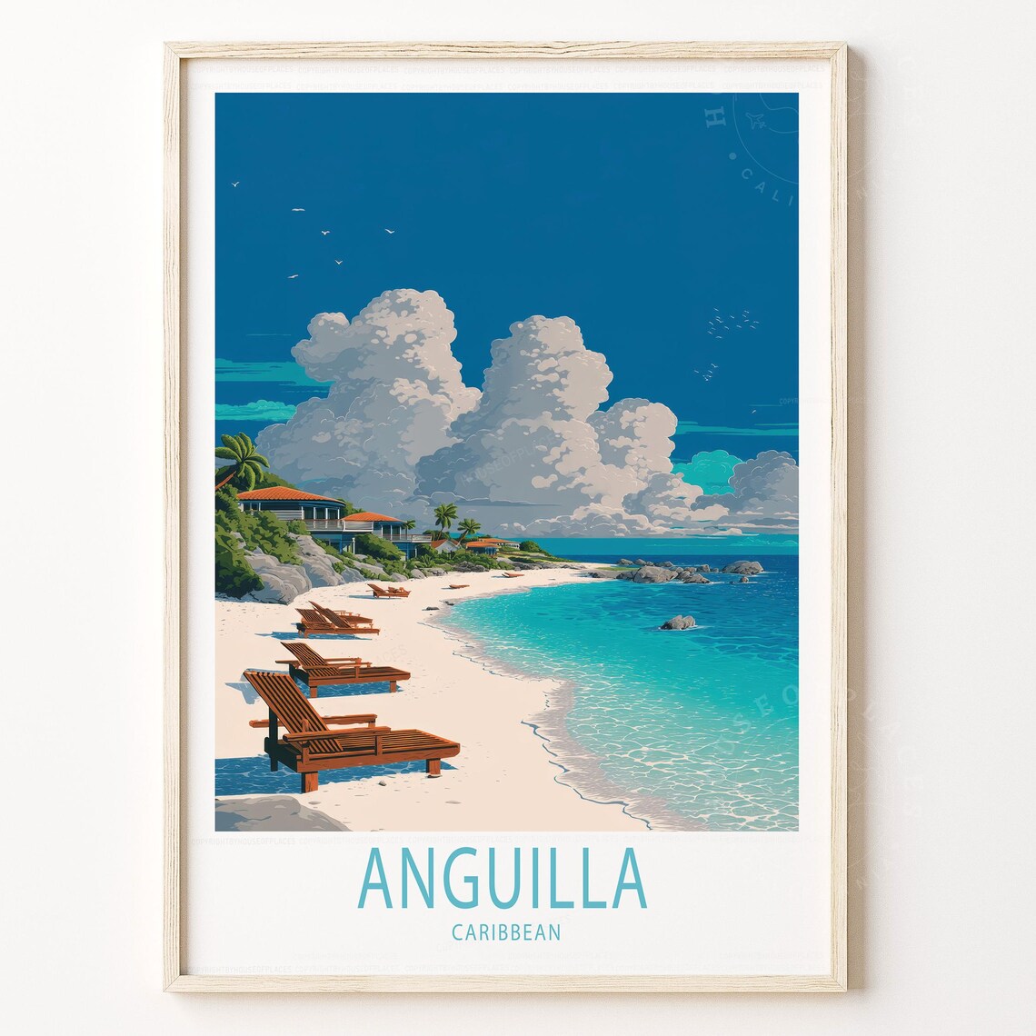 Anguilla Caribbean Beach Travel Poster Loungers Resort Vintage Art