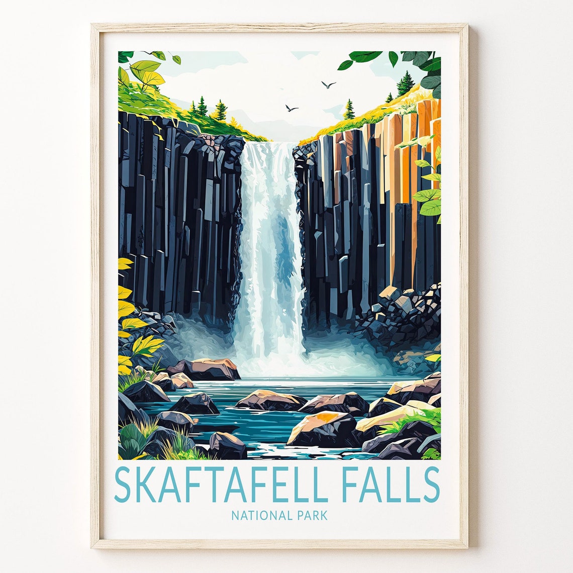 Skaftafell Falls Iceland Basalt Waterfall Retro Travel Poster Art
