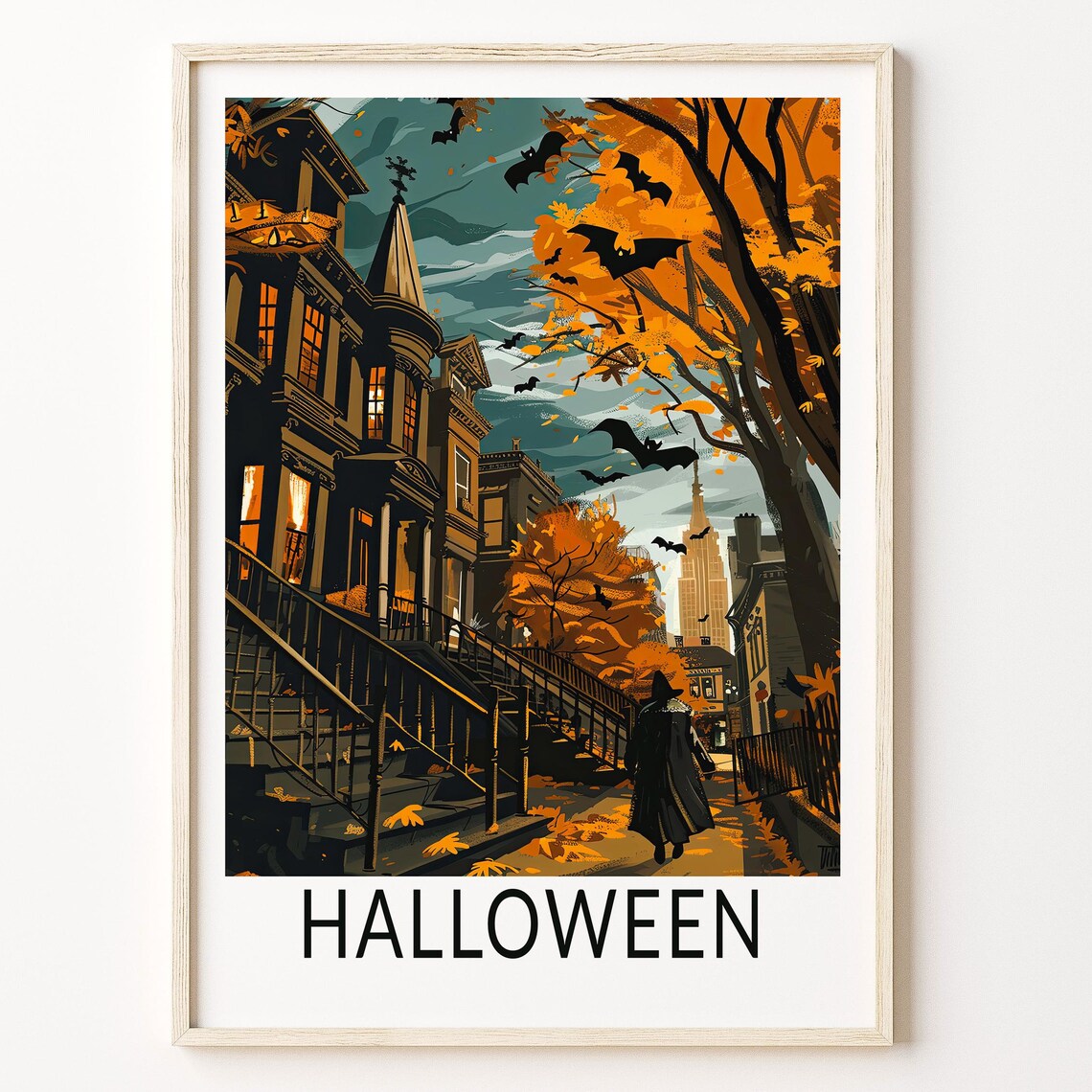 Spooky Halloween Night Haunted Street With Bats and a Witch Poster
