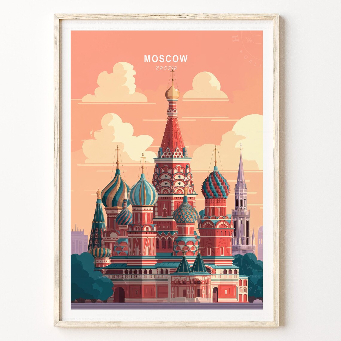 Moscow Russia St Basils Cathedral Retro Illustrated Travel Poster