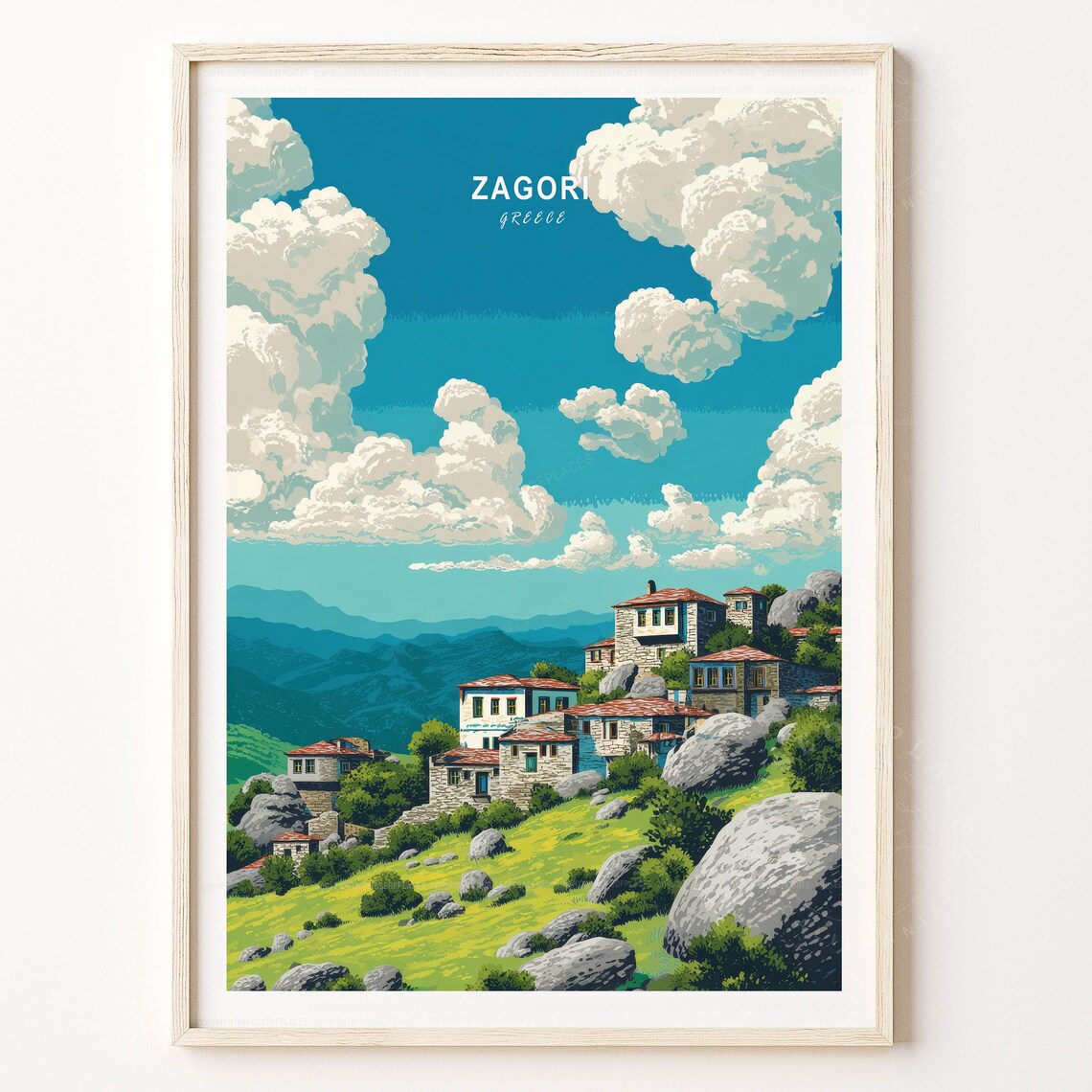 Zagori Greece Mountain Village Stone Houses Vintage Travel Poster