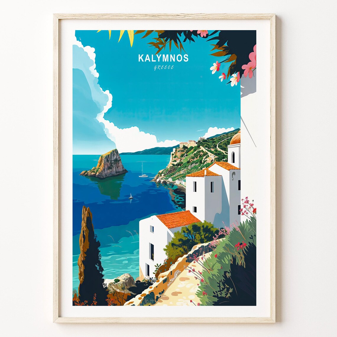 Kalymnos Greece Travel Poster Turquoise Coast Church Bougainvillea