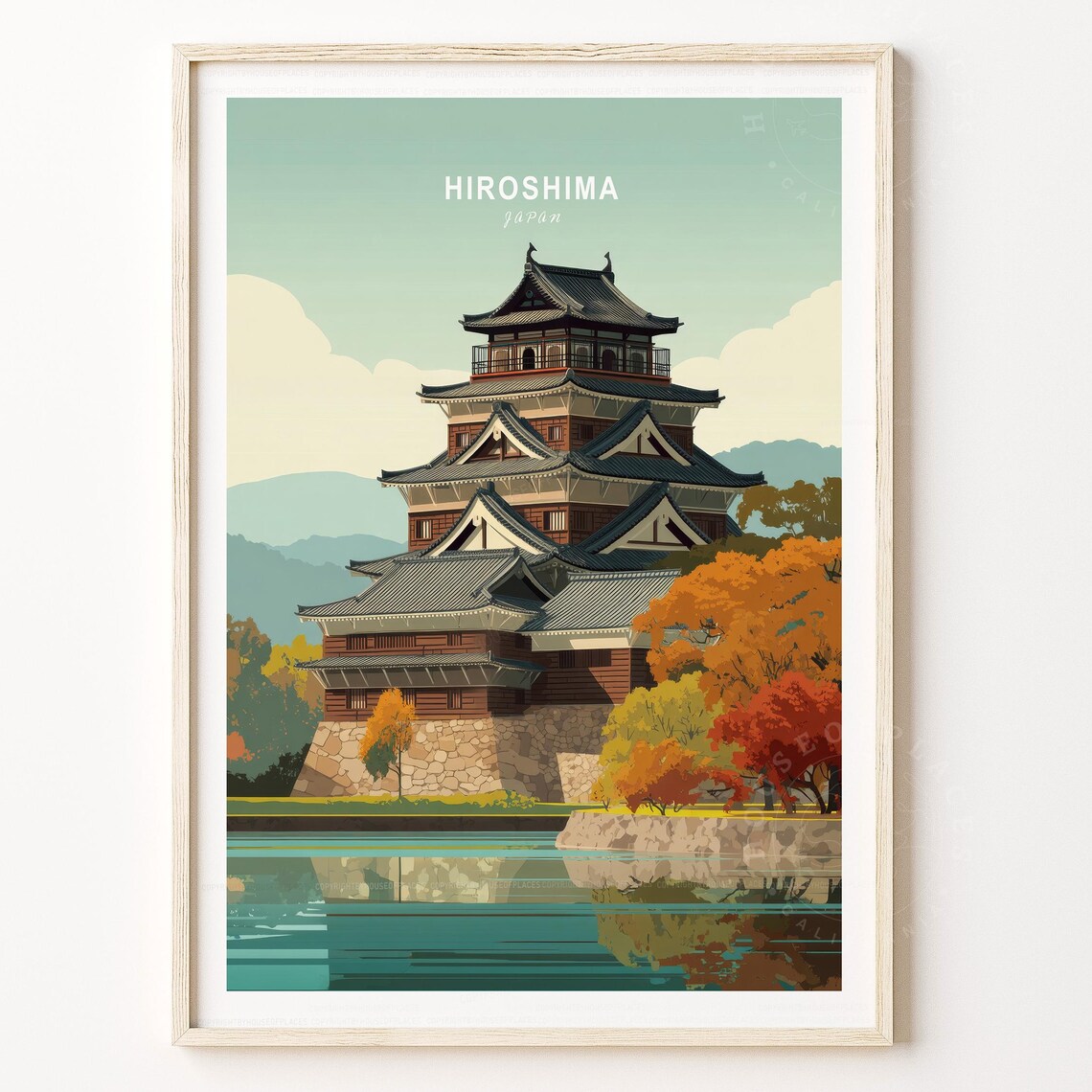 Vintage Hiroshima Japan Autumn Castle Lake Reflection Travel Poster