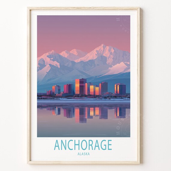 Anchorage Alaska Skyline Sunset Mountain Reflection Travel Poster