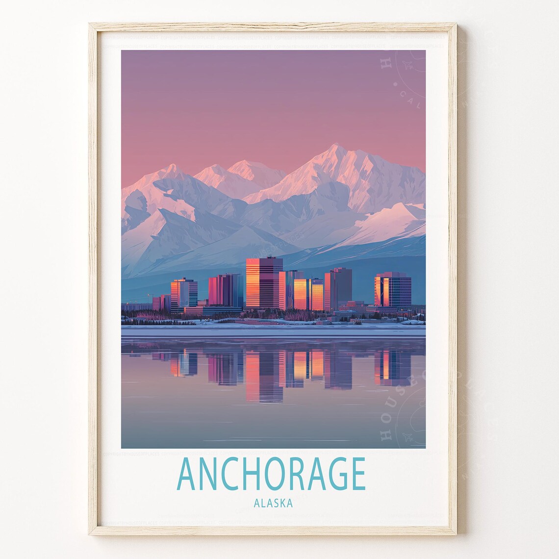 Anchorage Alaska Skyline Sunset Mountain Reflection Travel Poster